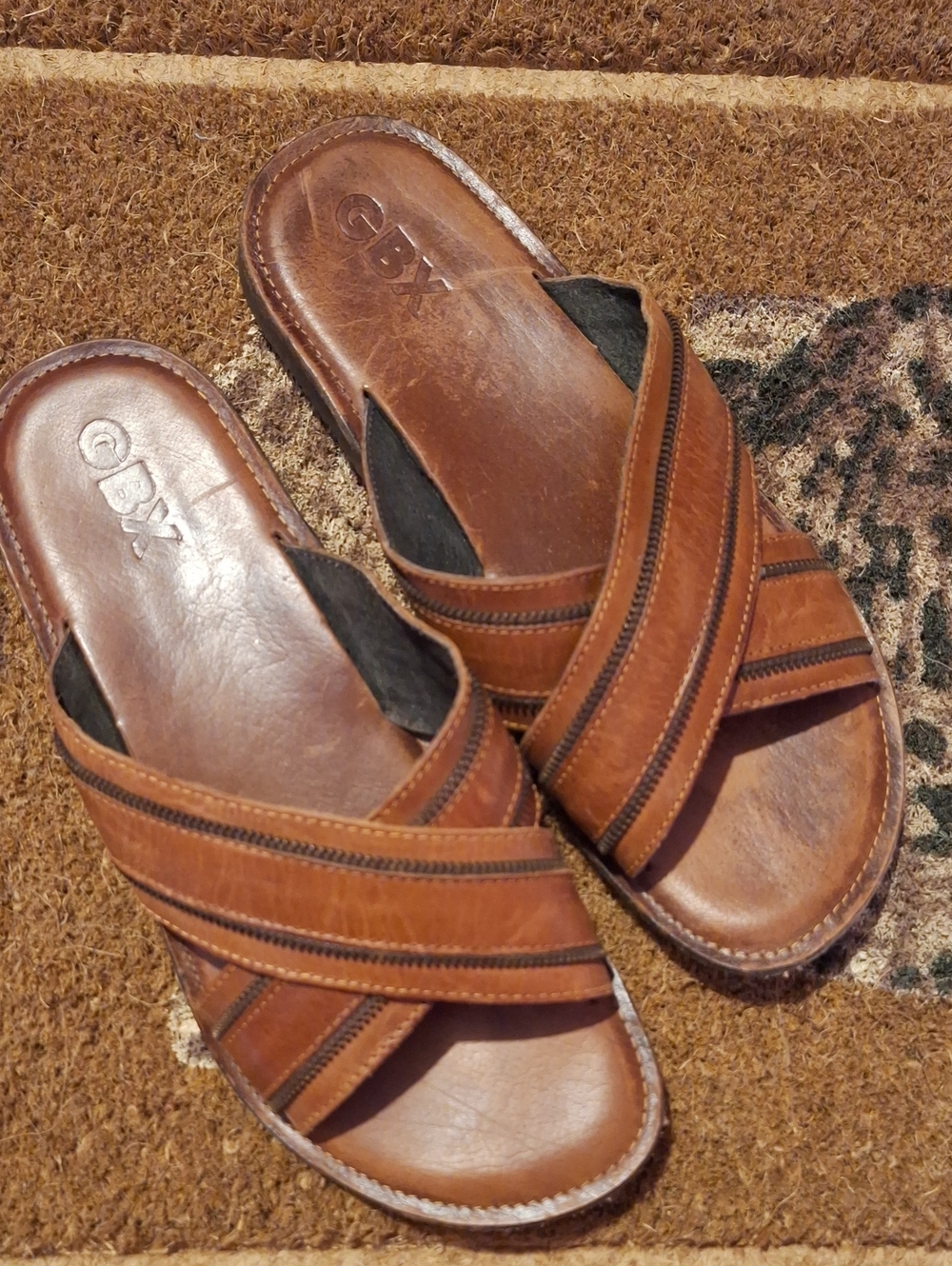 Brown Leather Cross-Strap Slide Sandals